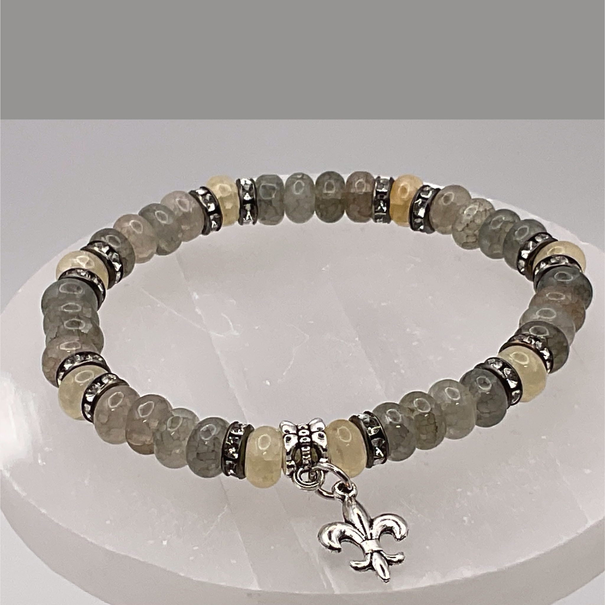 Aquamarine Beryl Grey Fleur'd'lis Charm Bracelet with Silver Tone Black Spacers