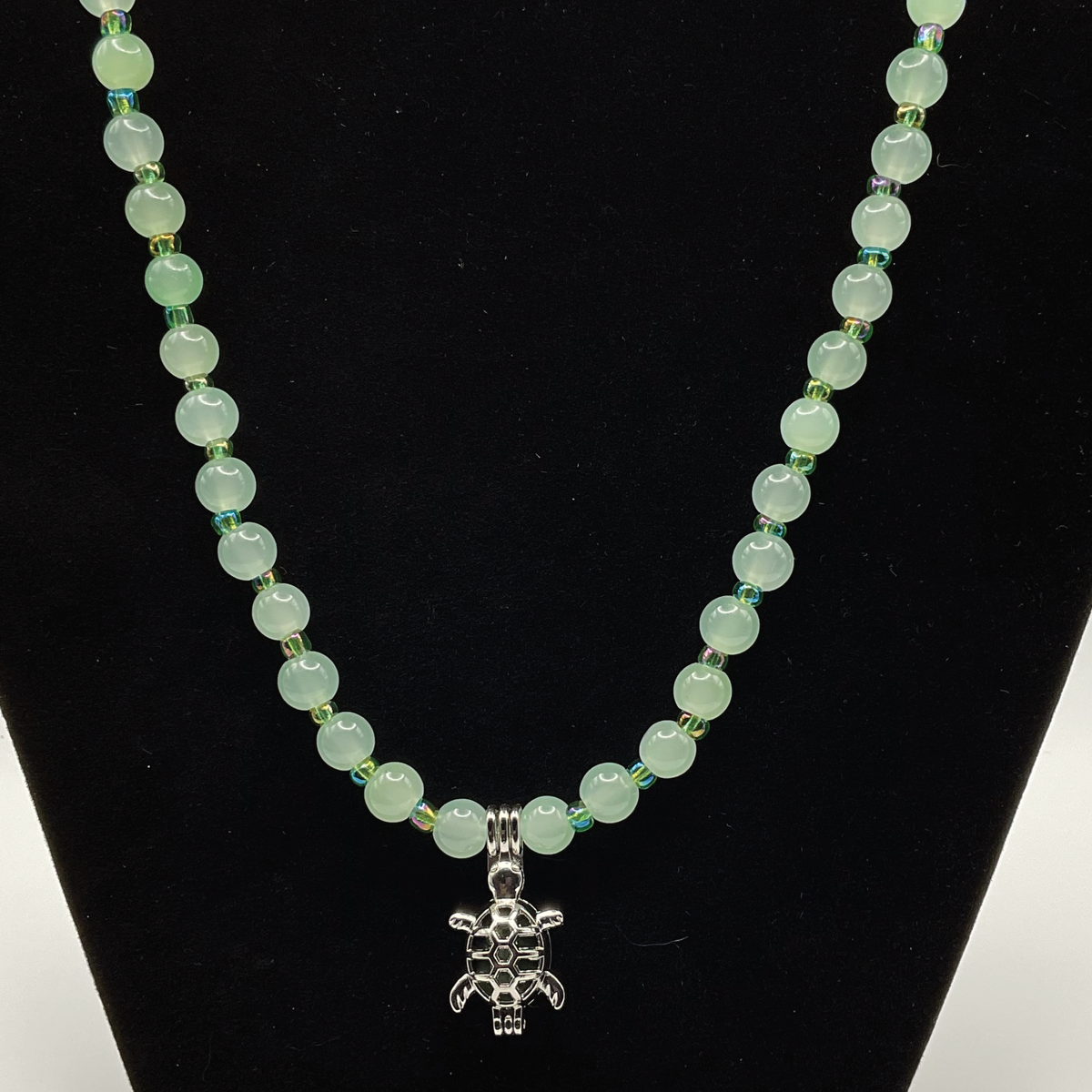 22" Green Turtle Charm Glass Necklace with Silver Spacers