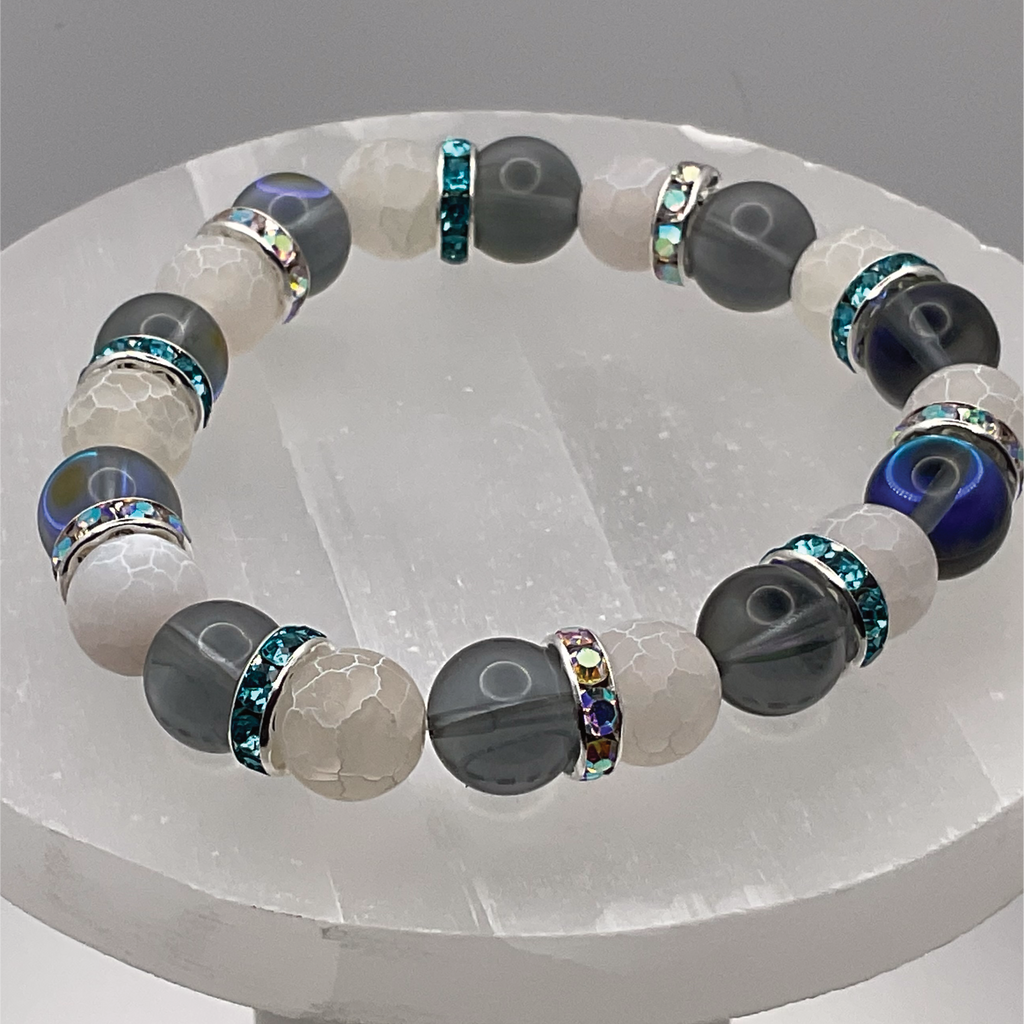 Blue Obsidian Opalite Bracelet with Silver Tone Crystal Spacers