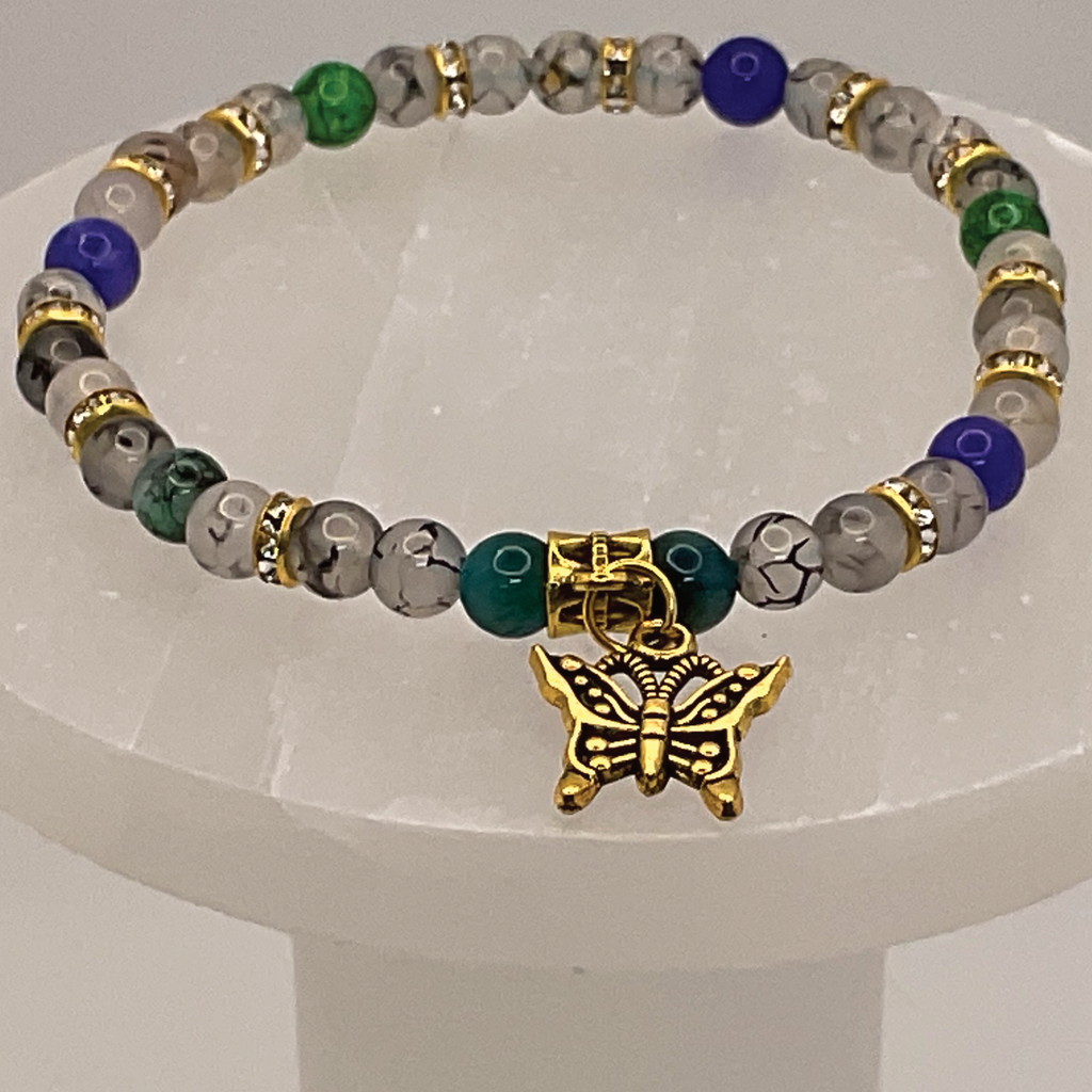 Blue Dragon Vein Jadite Clear Dragon Vein Butterfly Charm Bracelet with Gold Crystal Spacers