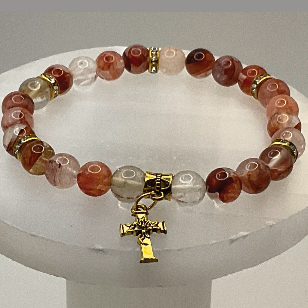Fire Quartz Rose Quartz Gold Cross Charm Bracelet with Gold Tone Spacers
