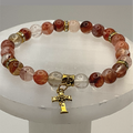 Fire Quartz Rose Quartz Gold Cross Charm Bracelet with Gold Tone Spacers