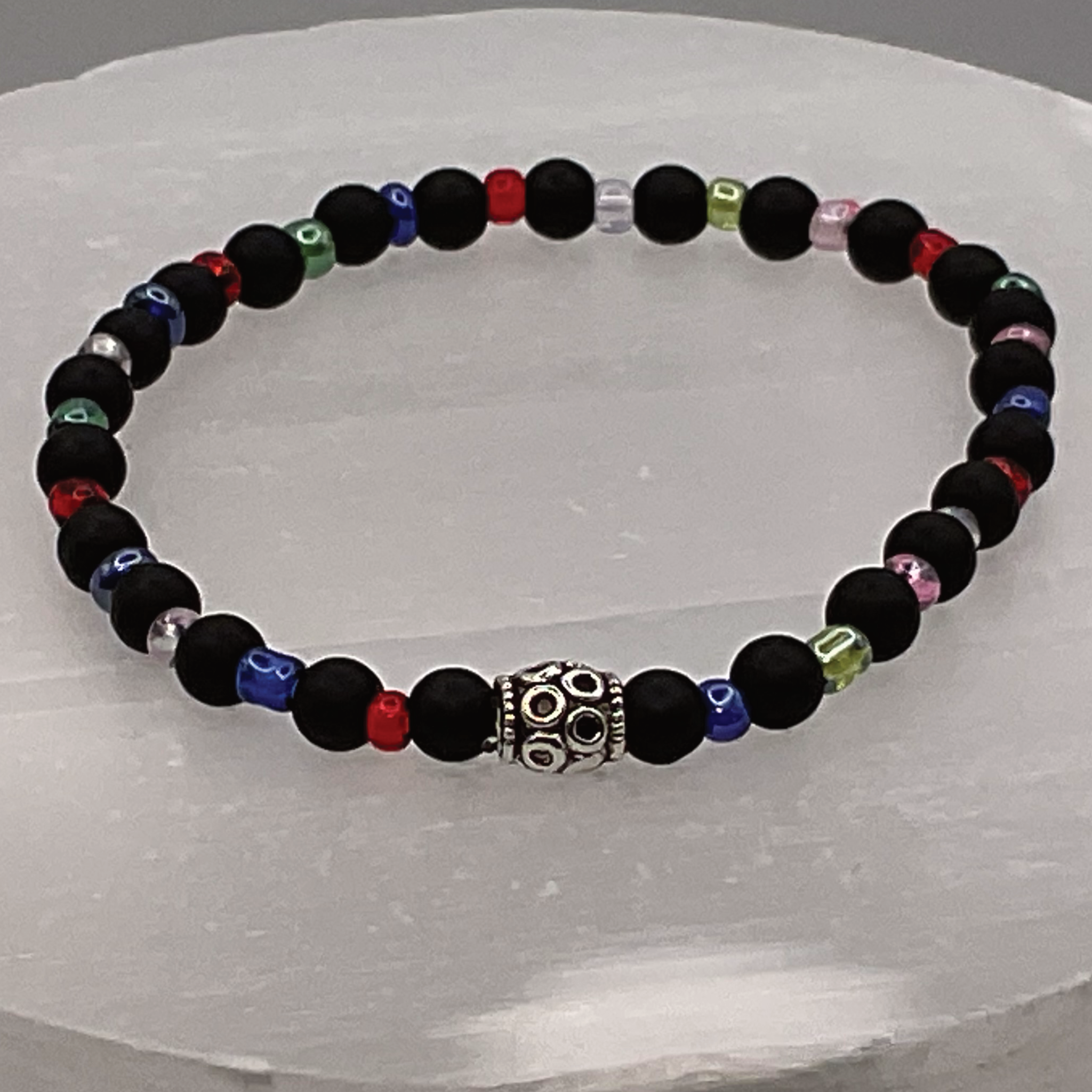 14 cm (5.5") Black Agate Silver Barrel Bracelet with Multi Colored Crystal Spacers