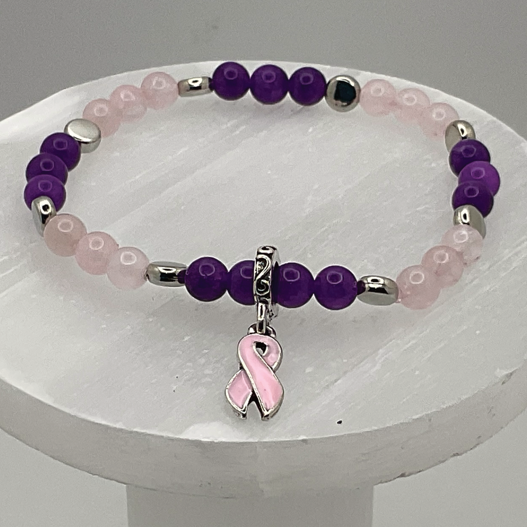 Rose Quartz Amethyst Breast Cancer Ribbon Charm Bracelet with Silver Disc Spacers