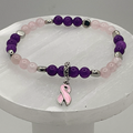 Rose Quartz Amethyst Breast Cancer Ribbon Charm Bracelet with Silver Disc Spacers