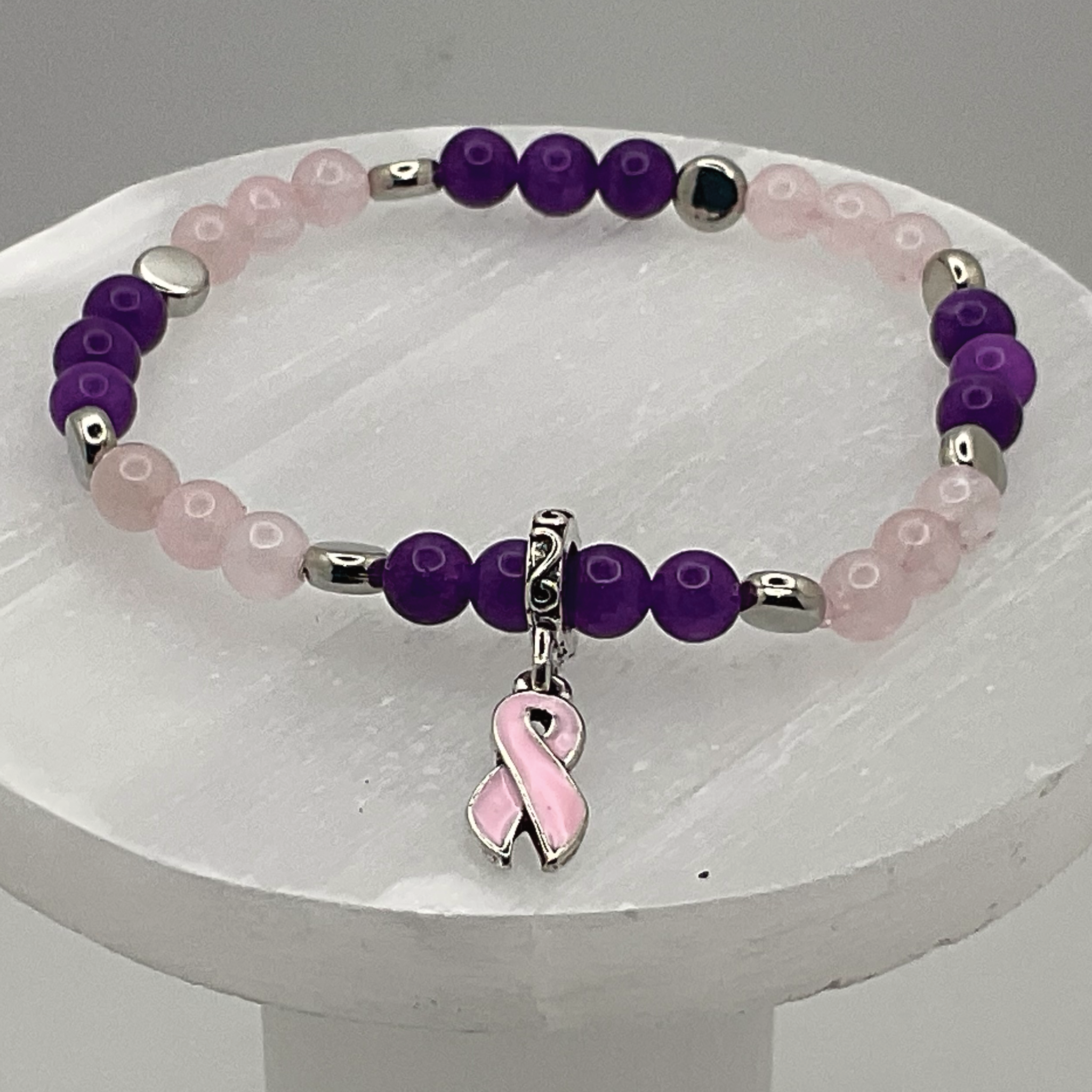 Rose Quartz Amethyst Breast Cancer Ribbon Charm Bracelet with Silver Disc Spacers