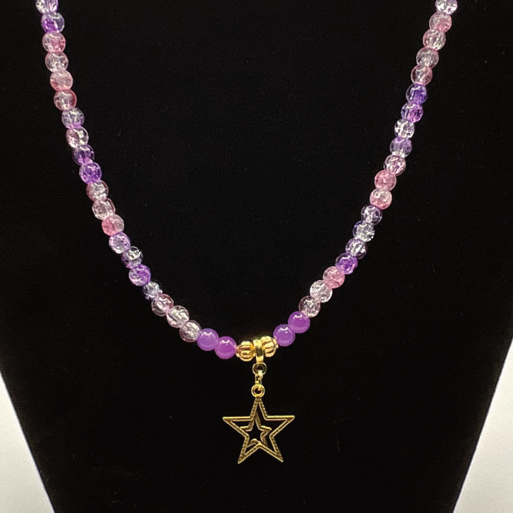 22" Pink Purple Clear Crackle Gold Star Charm Glass Necklace