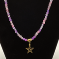 22" Pink Purple Clear Crackle Gold Star Charm Glass Necklace