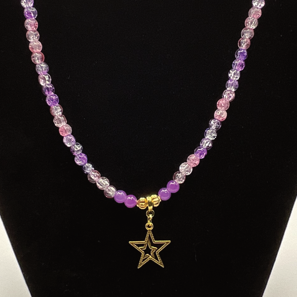22" Pink Purple Clear Crackle Gold Star Charm Glass Necklace