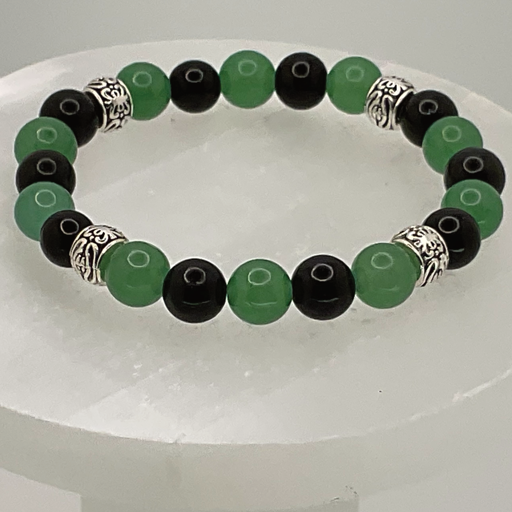 Green Chalcedony Black Agate Bracelet with Silver Spacers