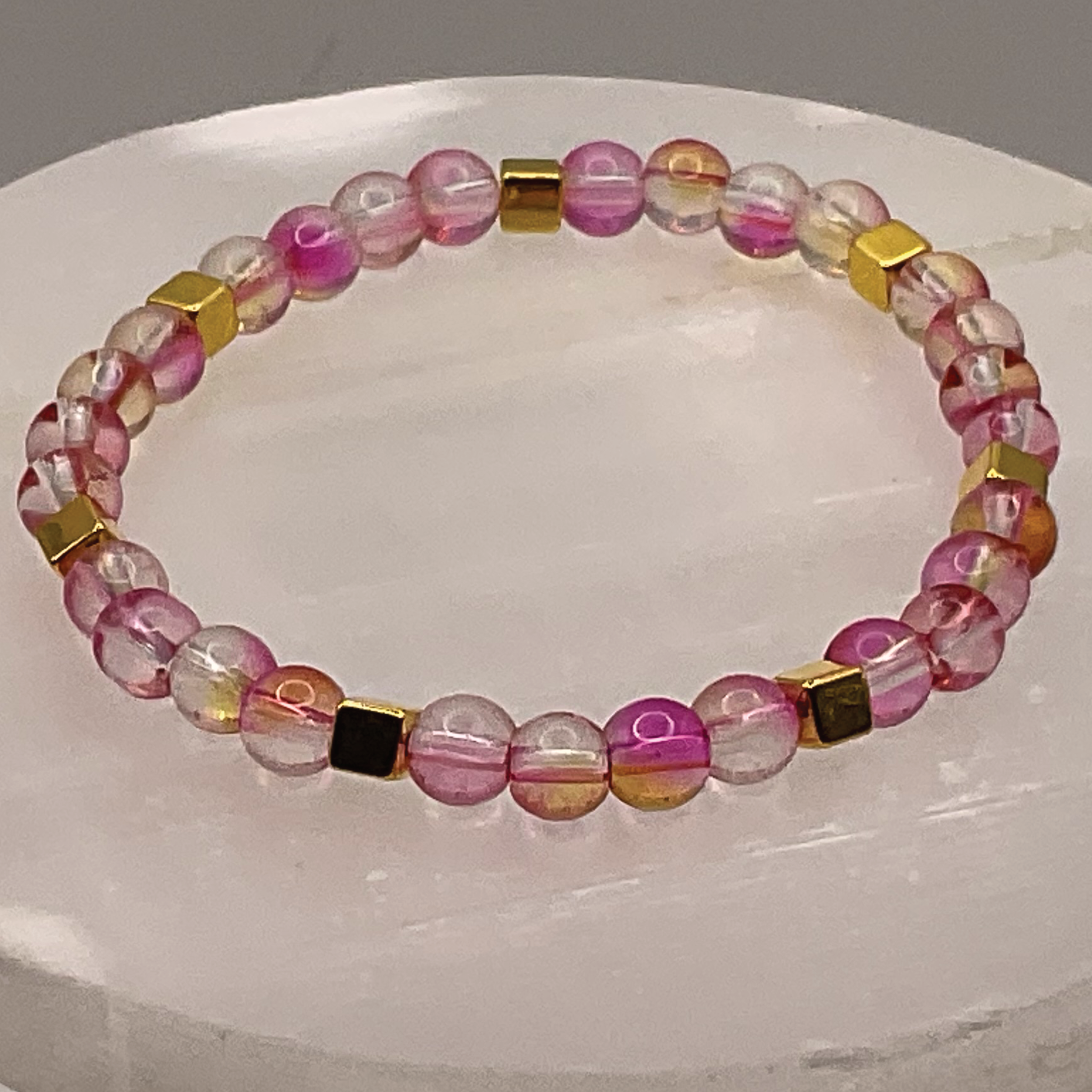 Yellow Pink Clear Glass Bracelet with Gold Square Spacers