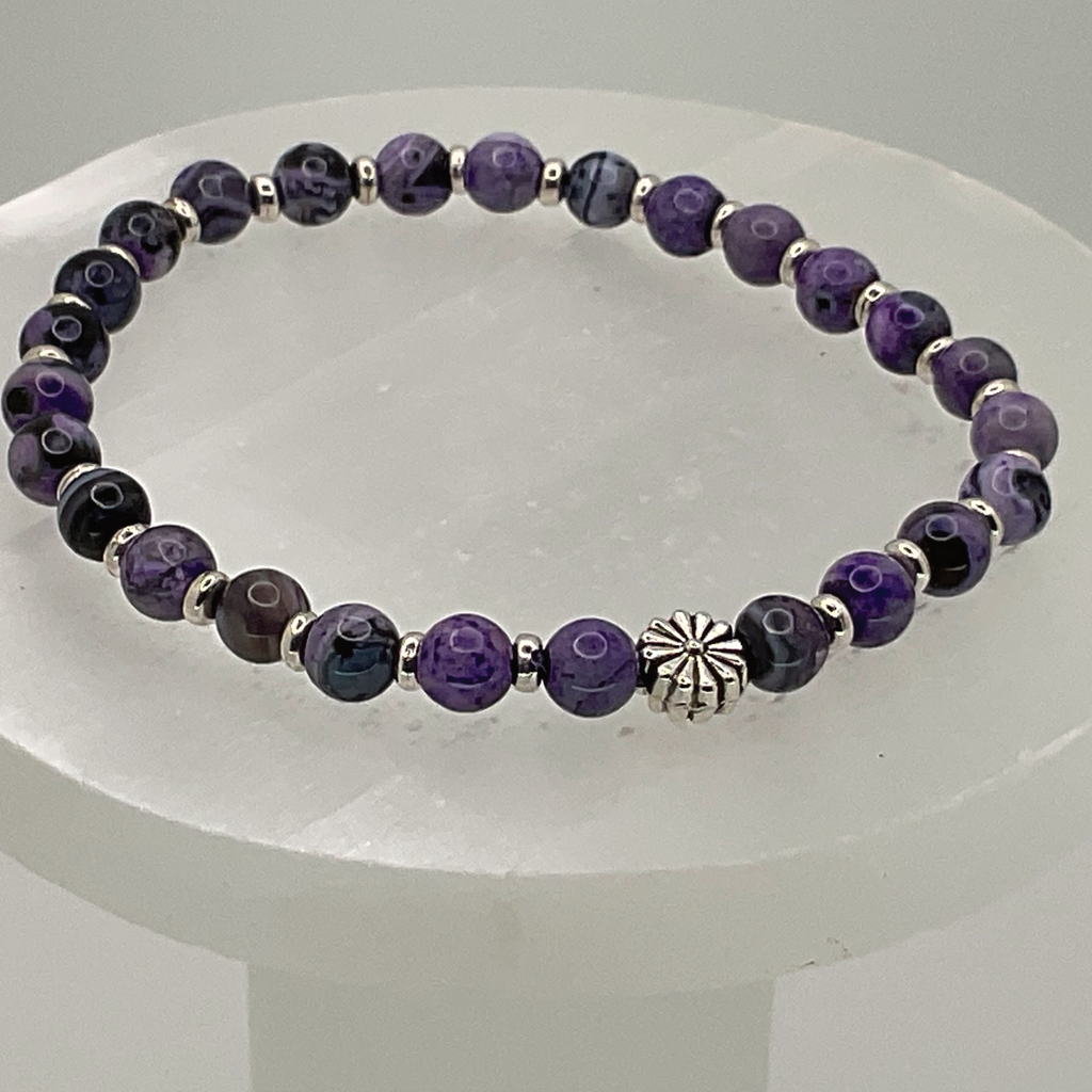 Purple Dragon Vein Agate Flower Charm Bracelet with Tiny Silver Spacers