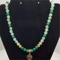 20" Malachite Green Chalcedony Tree of Life Charm Necklace with Gold Tone Spacers