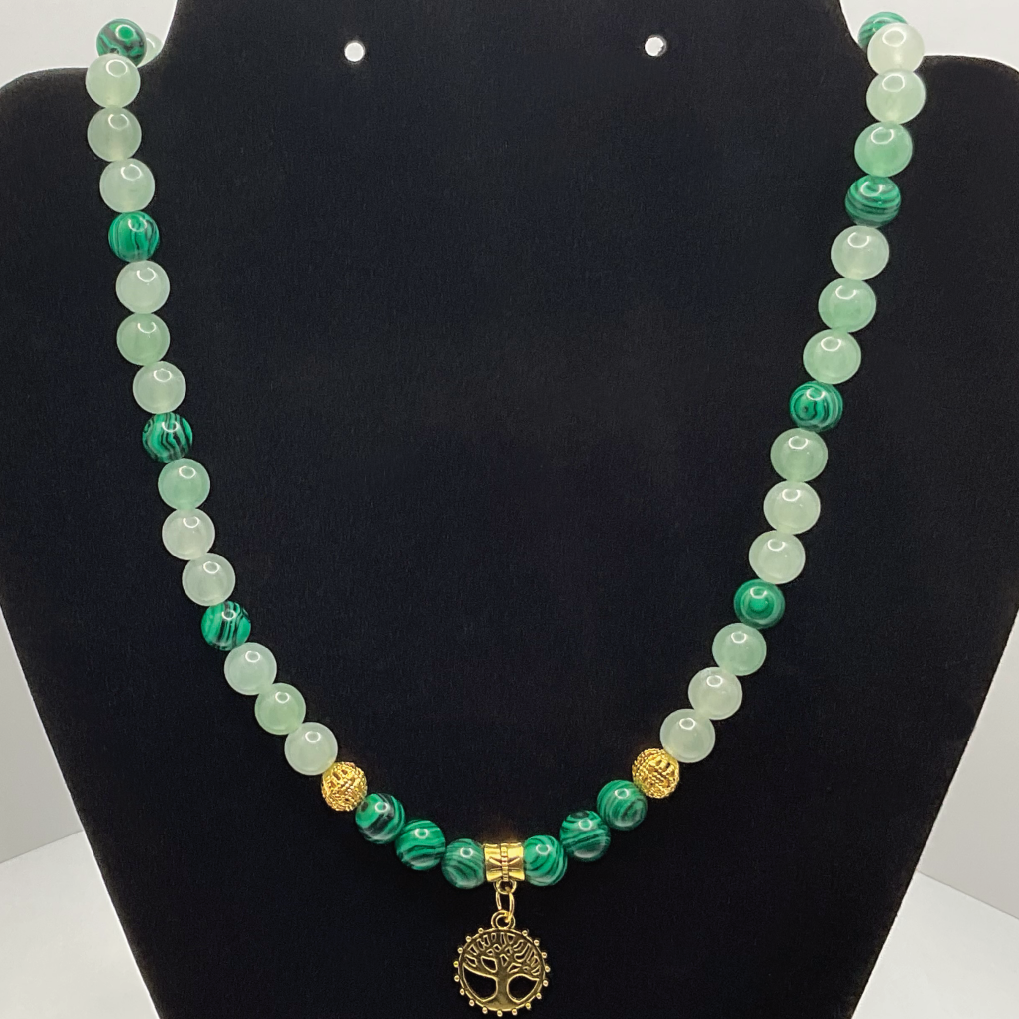 20" Malachite Green Chalcedony Tree of Life Charm Necklace with Gold Tone Spacers