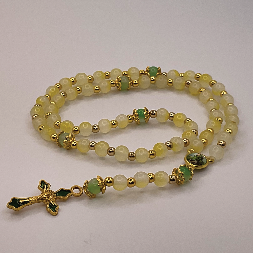 Light Yellow Green Small Full 5 Decade Gold Rosary