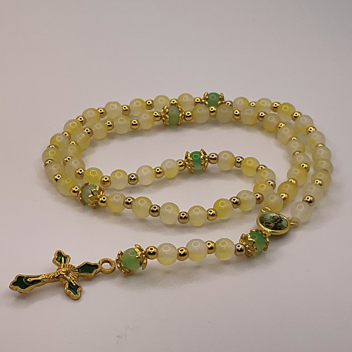 Light Yellow Green Small Full 5 Decade Gold Rosary