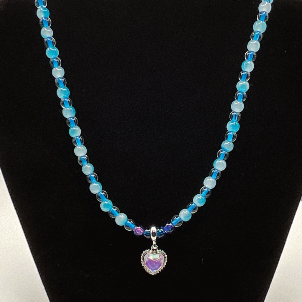 22" Clear Multi-Blue Crystal Heart Charm Glass Necklace