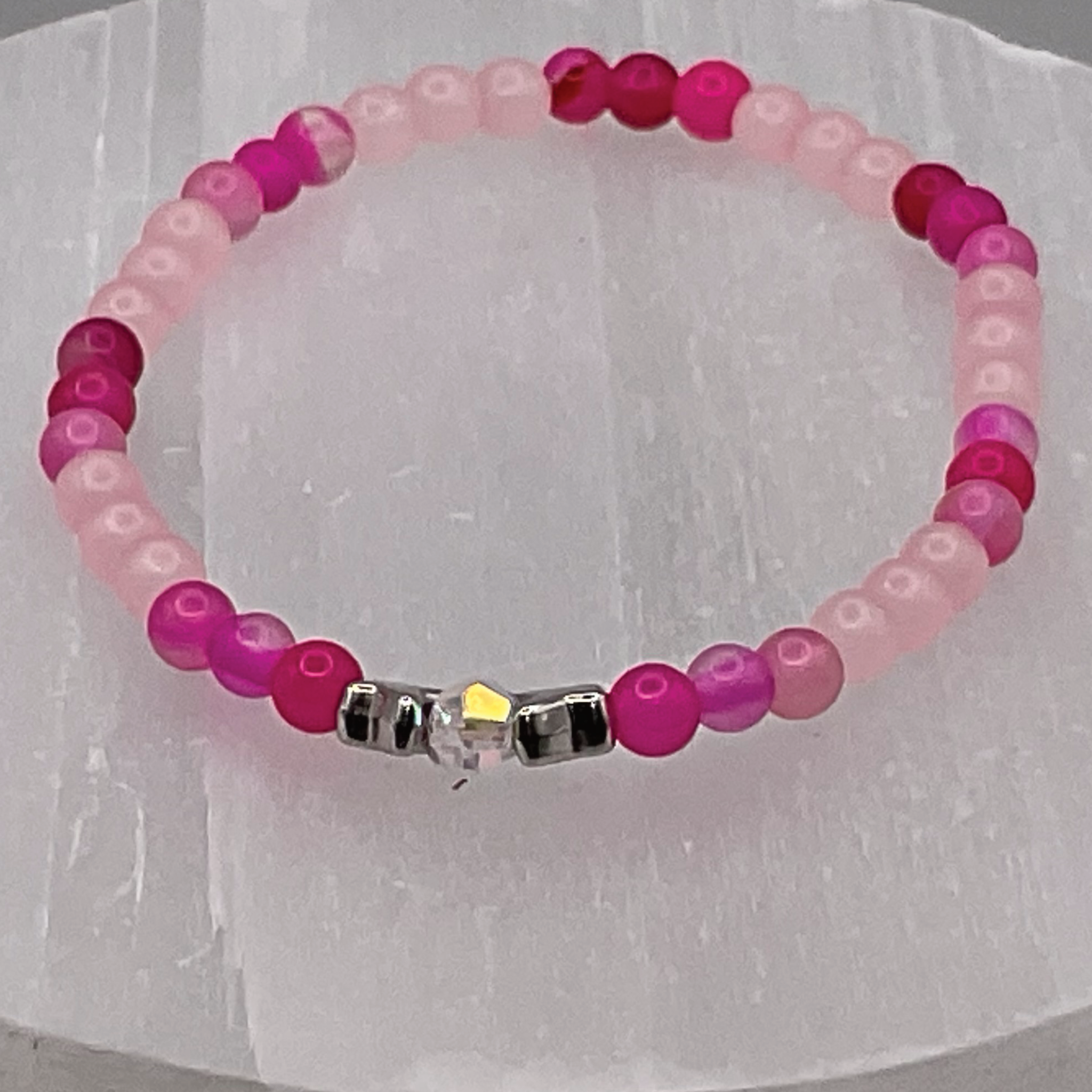 15 cm (5.9") Rose Quartz Pink Dragon Vein Silver Butterfly Bracelet with Crystal Spacers