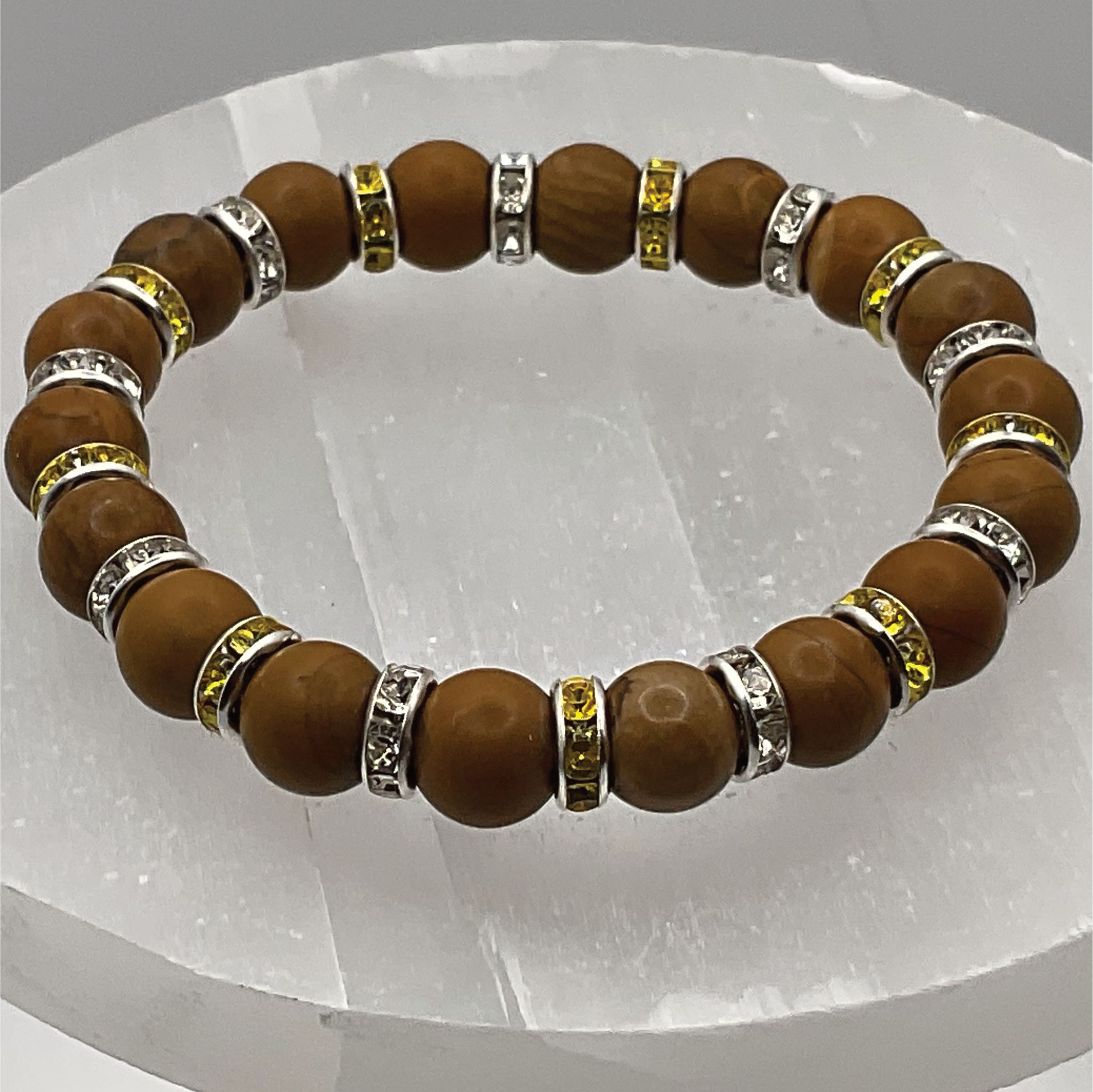 Yellow Jasper Bracelet with Silver Tone Crystal Spacers