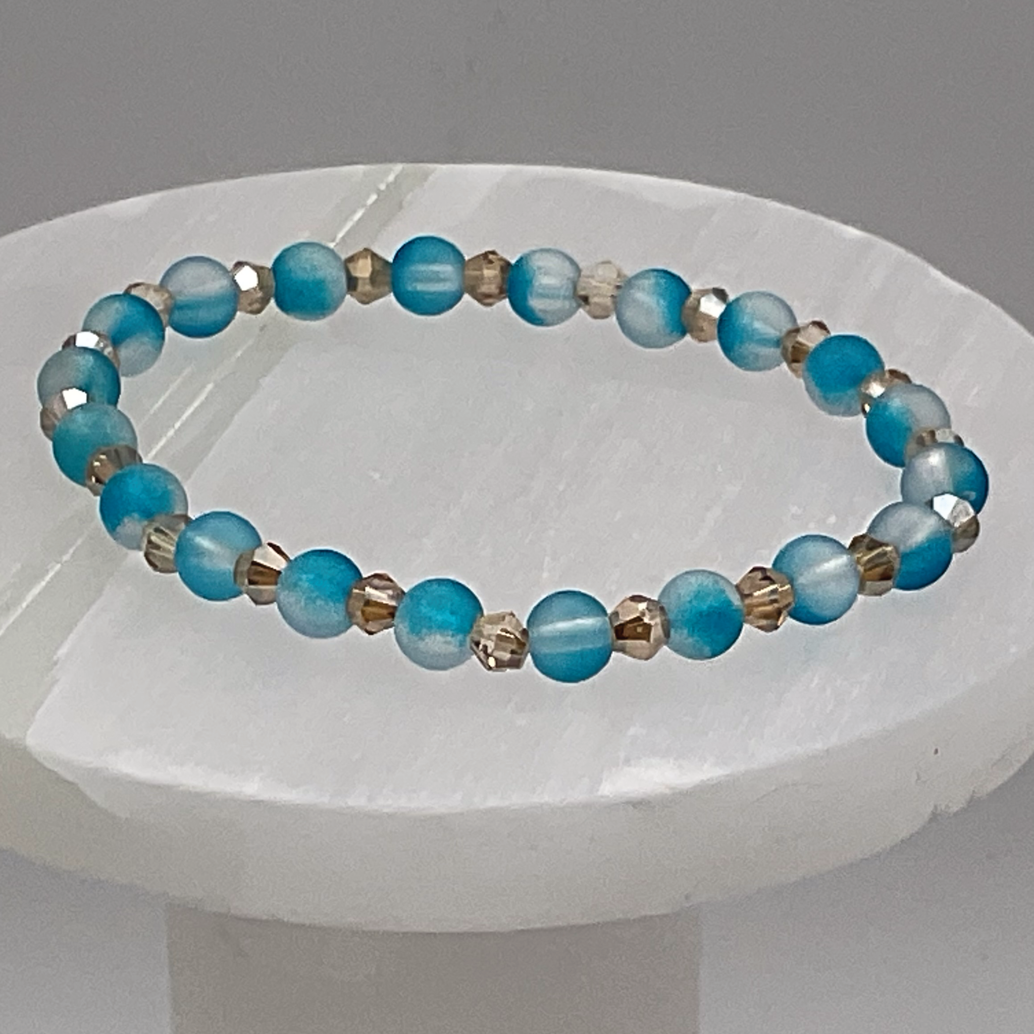 Frosted Blue Glass Bracelet with Champagne Spacers
