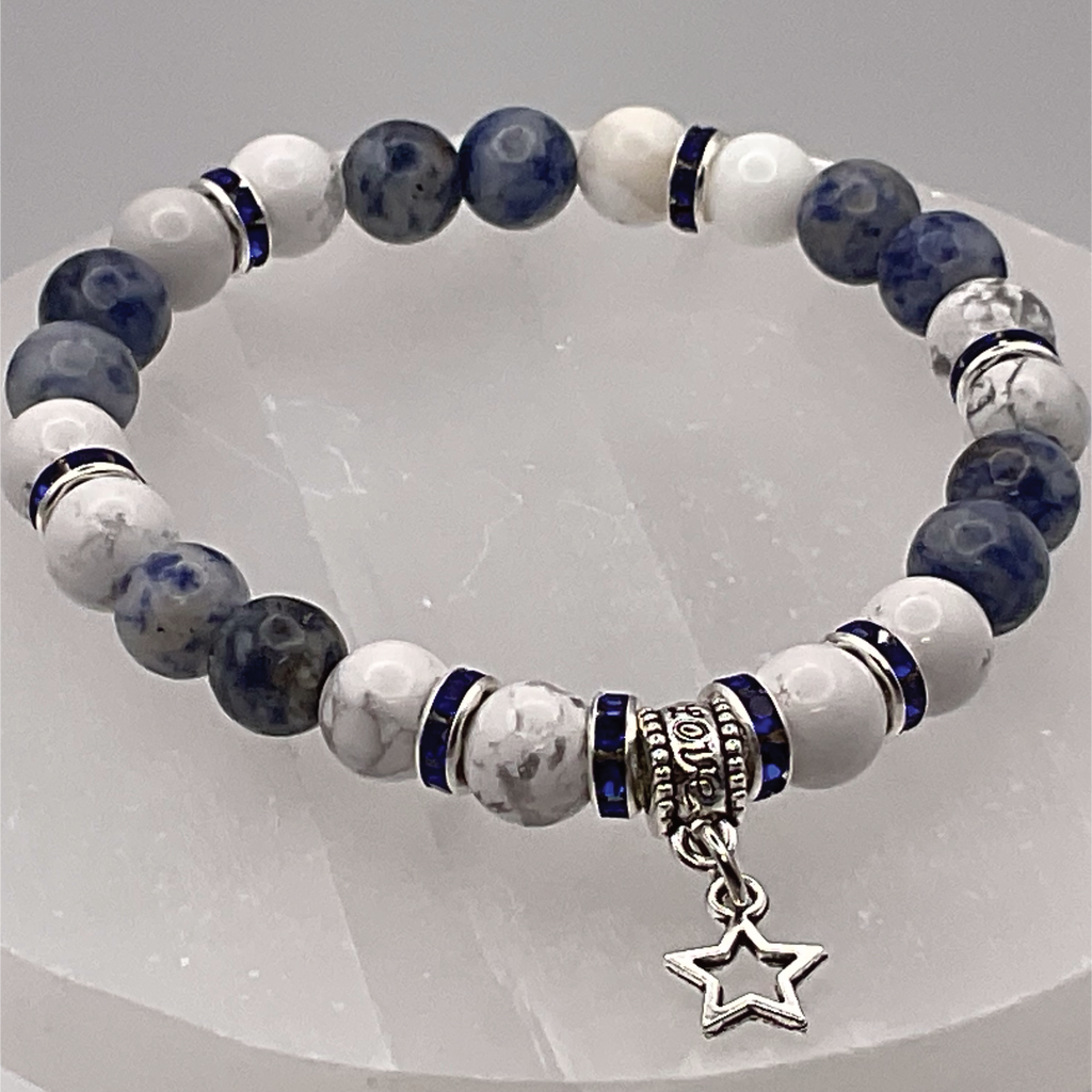 Magnesite Sodalite Star Charm Bracelet with Silver Tone Blue Crystal Spacers
