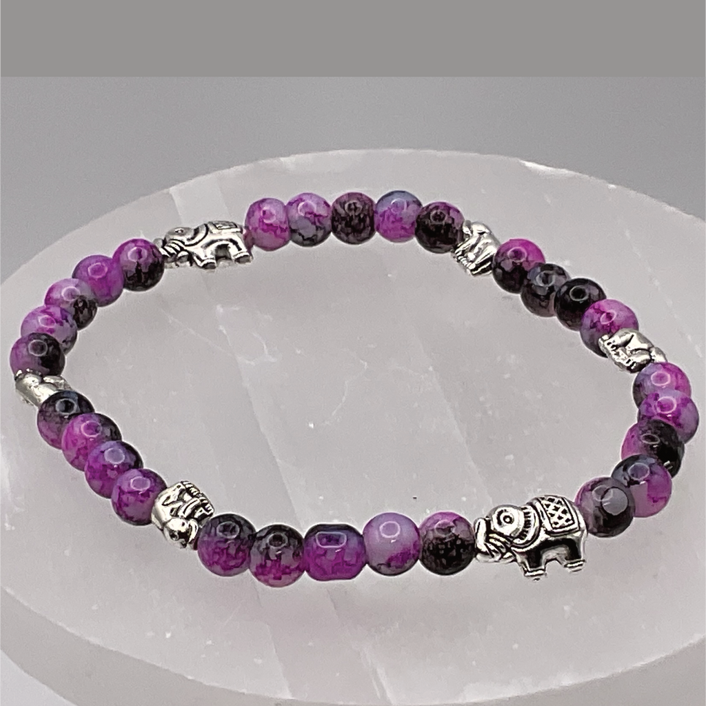 Purple Dragon Vein Agate Silver Elephants Charm Bracelet