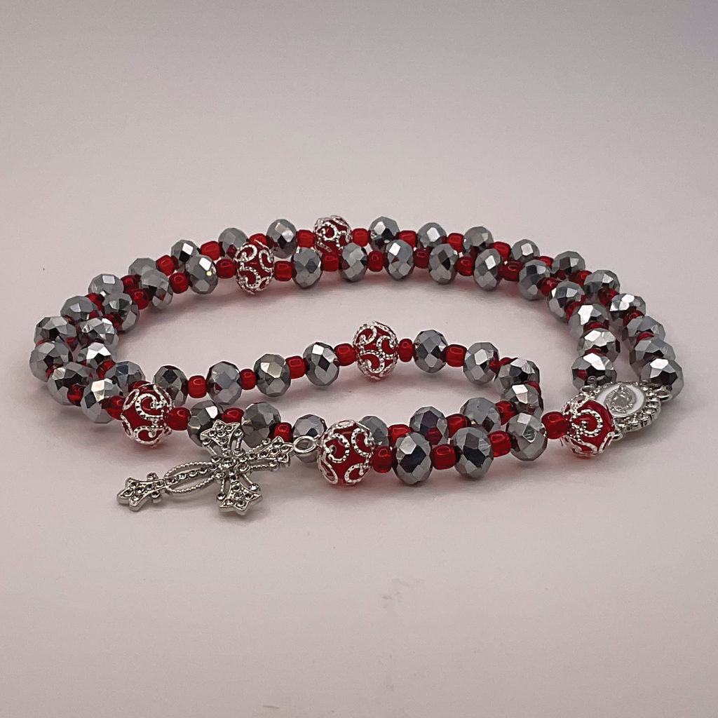Grey Faceted Red Spacers Full 5 Decade Silver Rosary
