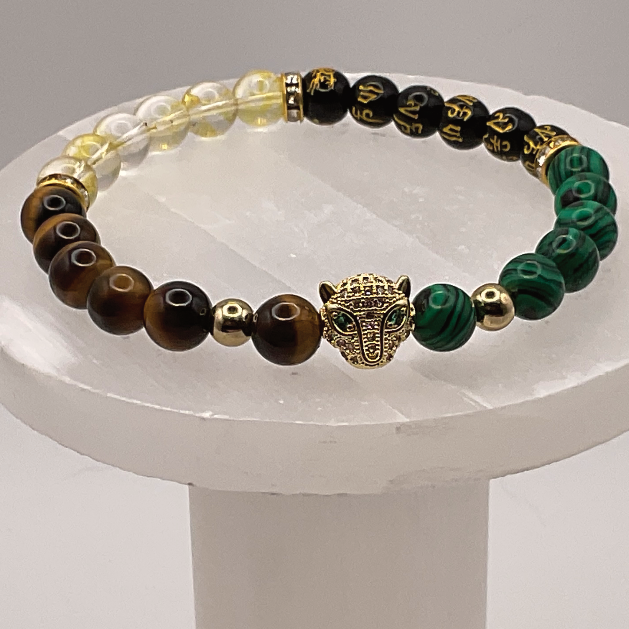 Malacite Tiger's Eye Citrine Black Pixiu Panther Charm Bracelet with Gold Tone and Crystal Spacers