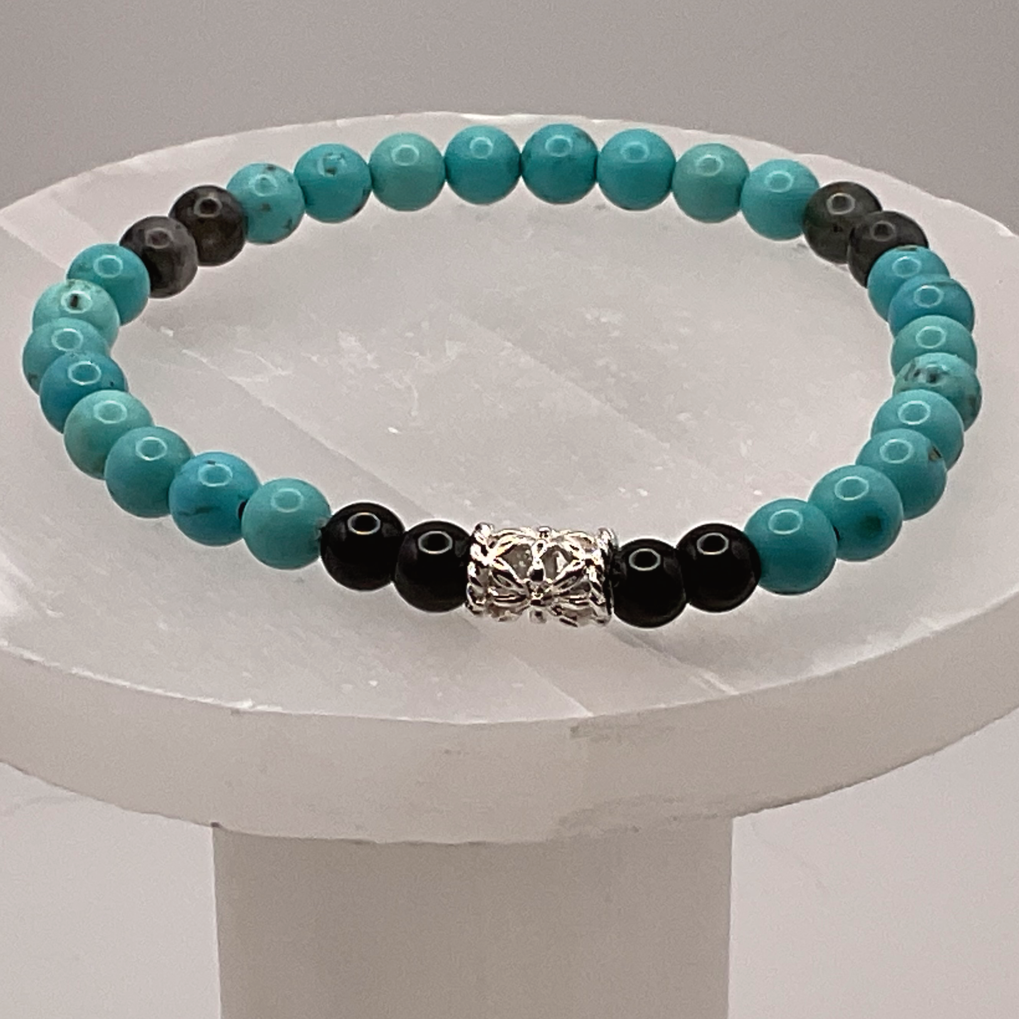 Turquoise Howlite Black Agate Bracelet with Silver Tone Barrel Spacer