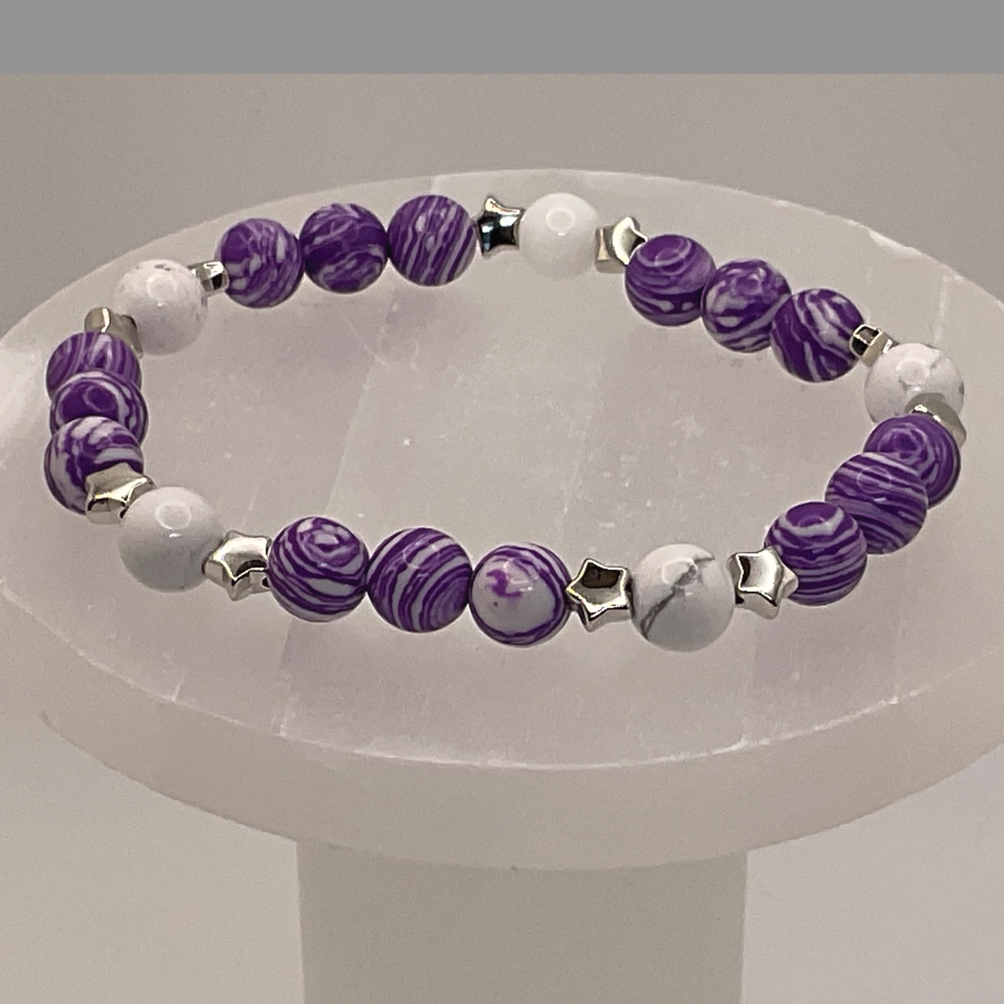 Purple Dragon Vein Milky Quartz Bracelet with Silver Star Spacers