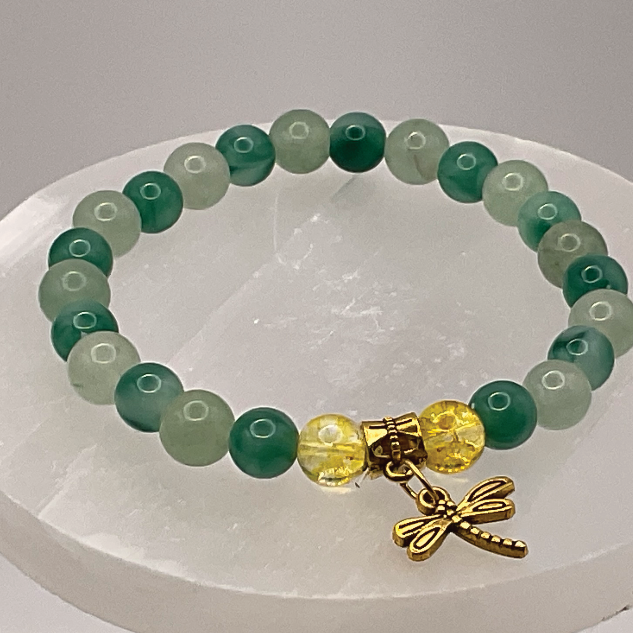 Green Chalcedony Amber Dragonfly Charm Bracelet