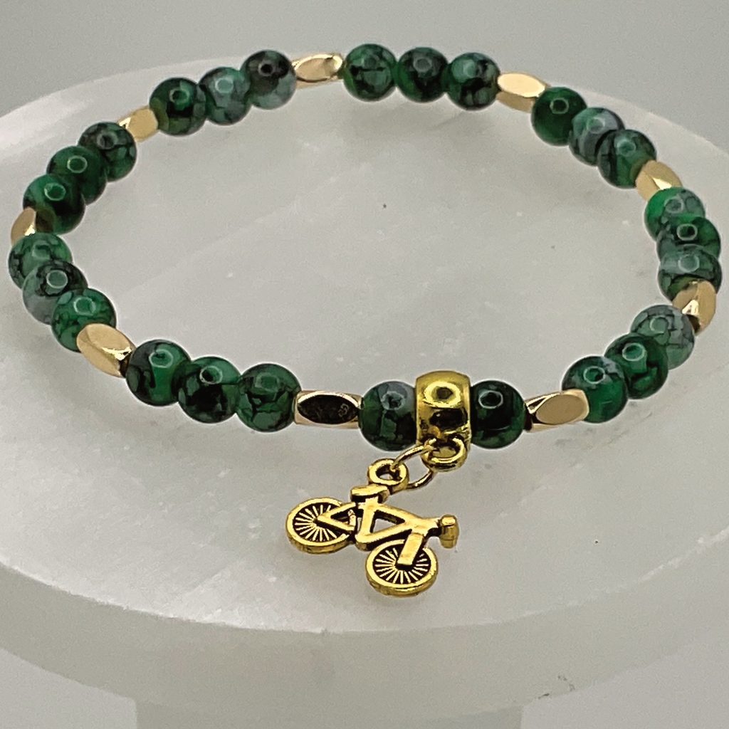 Malachite Bicycle Charm Bracelet with Gold Disc Spacers