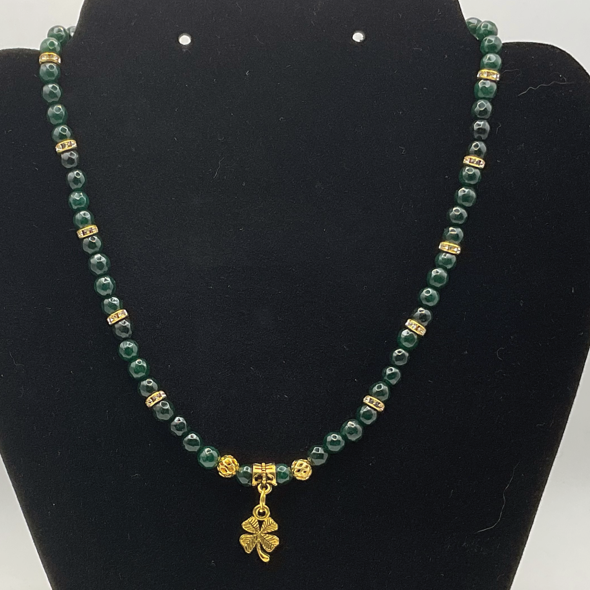 16" Green Jasper Shamrock Charm Necklace with Gold Tone Crystal Spacers