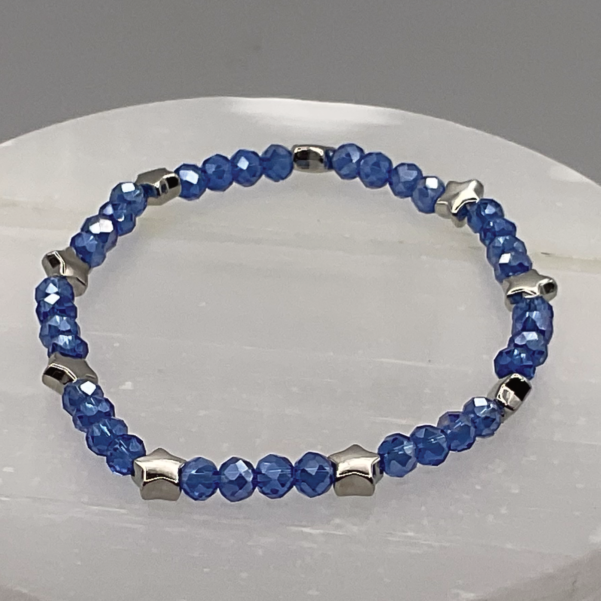 Blue Crystal Glass Bracelet with Silver Star Spacers