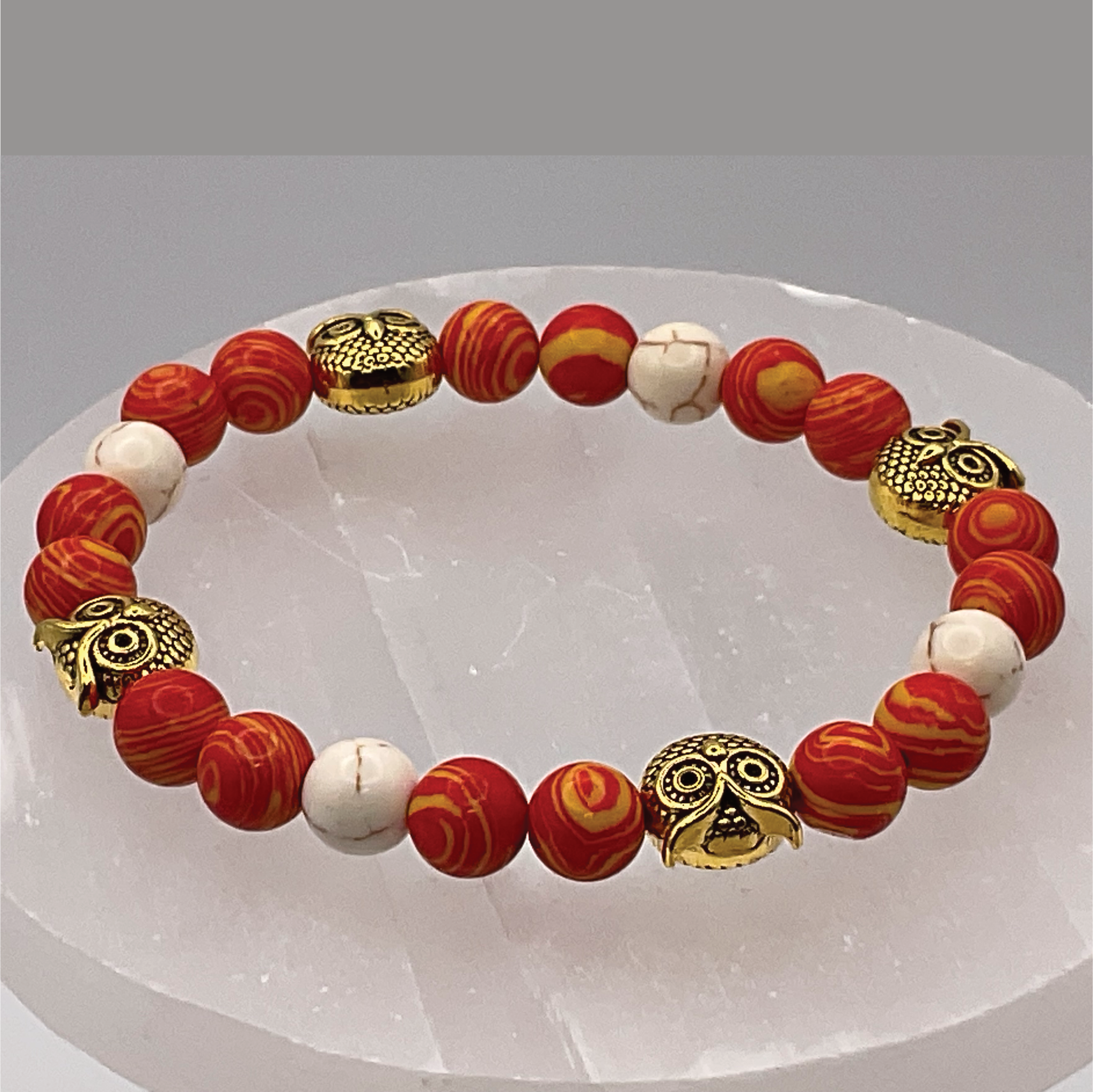 Orange-Yellow Sea Glass Magnesite Owls Charm Bracelet