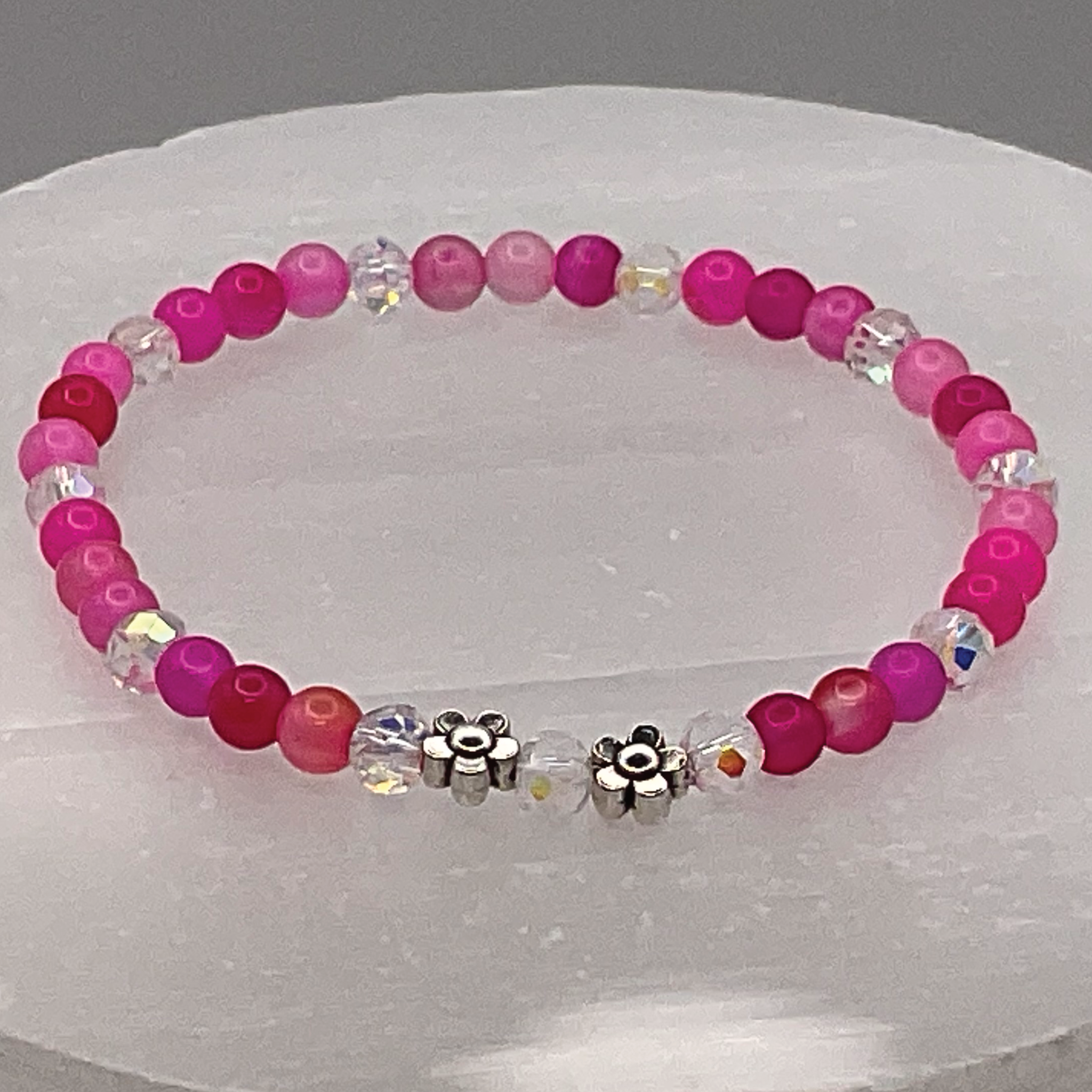 14.5 cm (5.7") Pink Dragon Vein Agate Silver Flowers Bracelet with Crystal Spacers