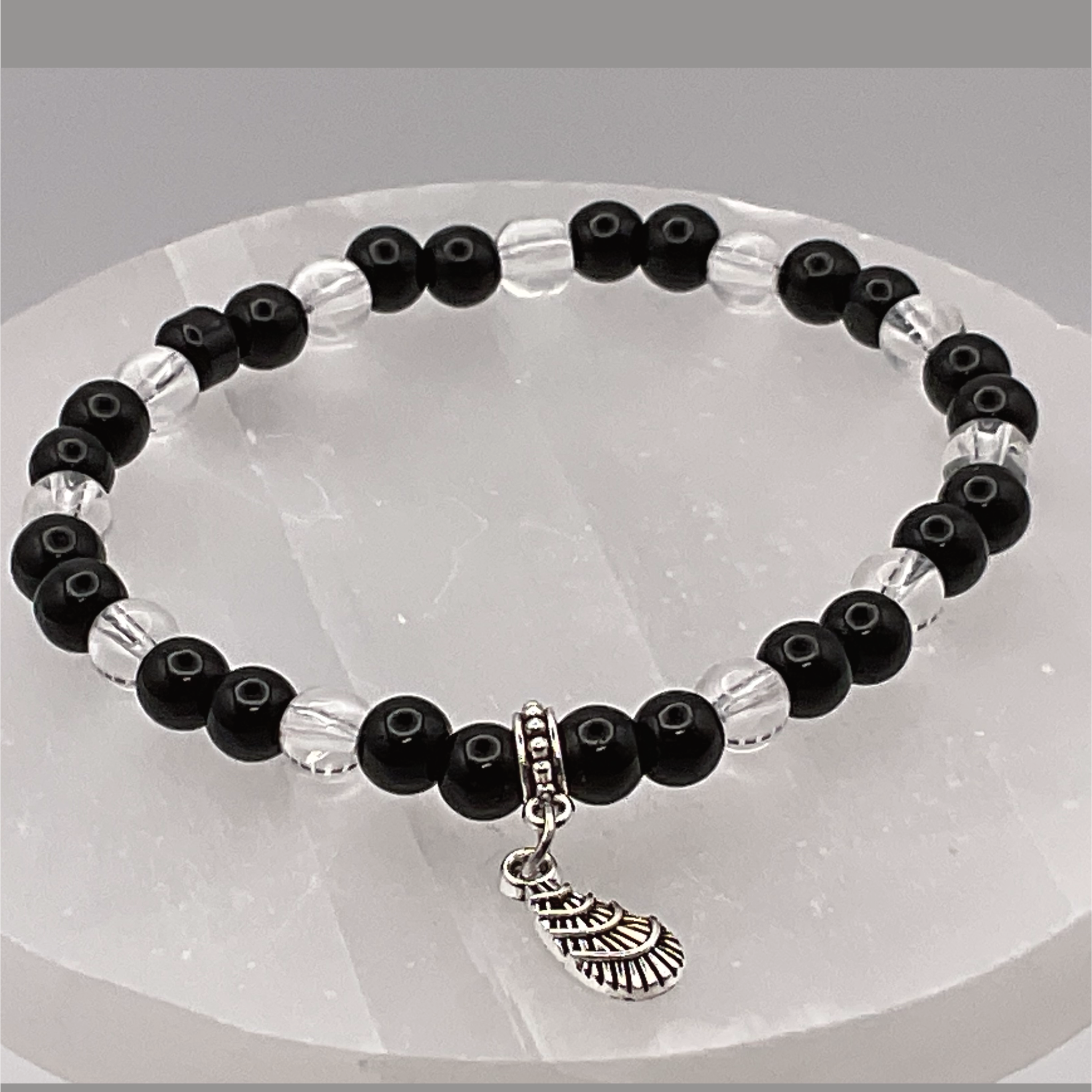 Black Agate Clear Quartz Feather Charm Bracelet
