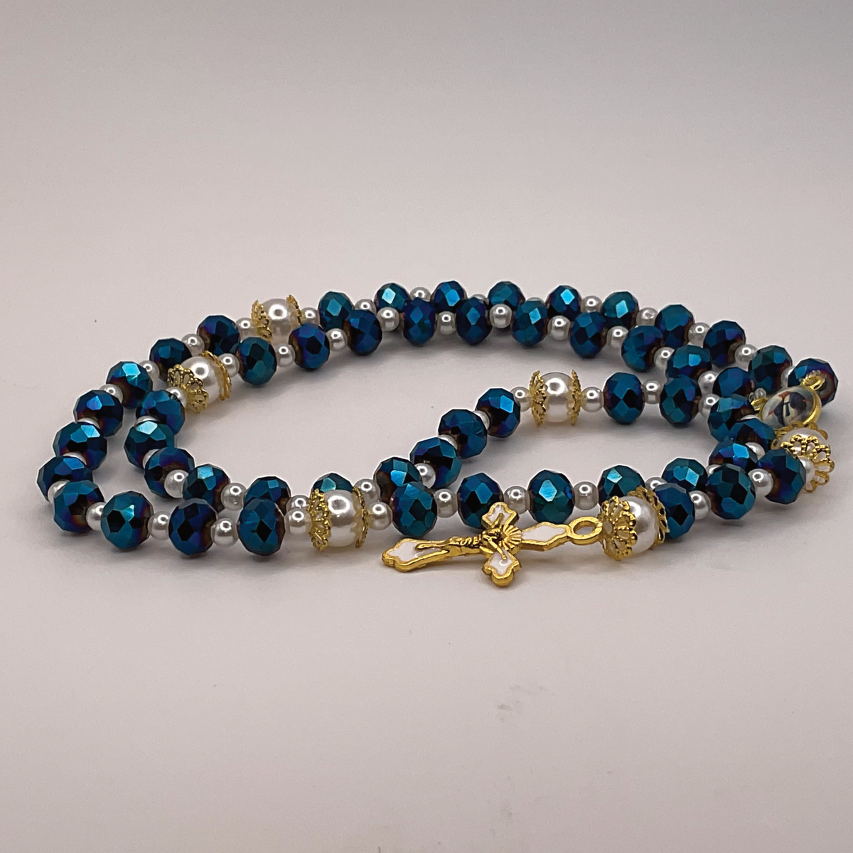 Blue Faceted Pearl Full 5 Decade Gold Rosary