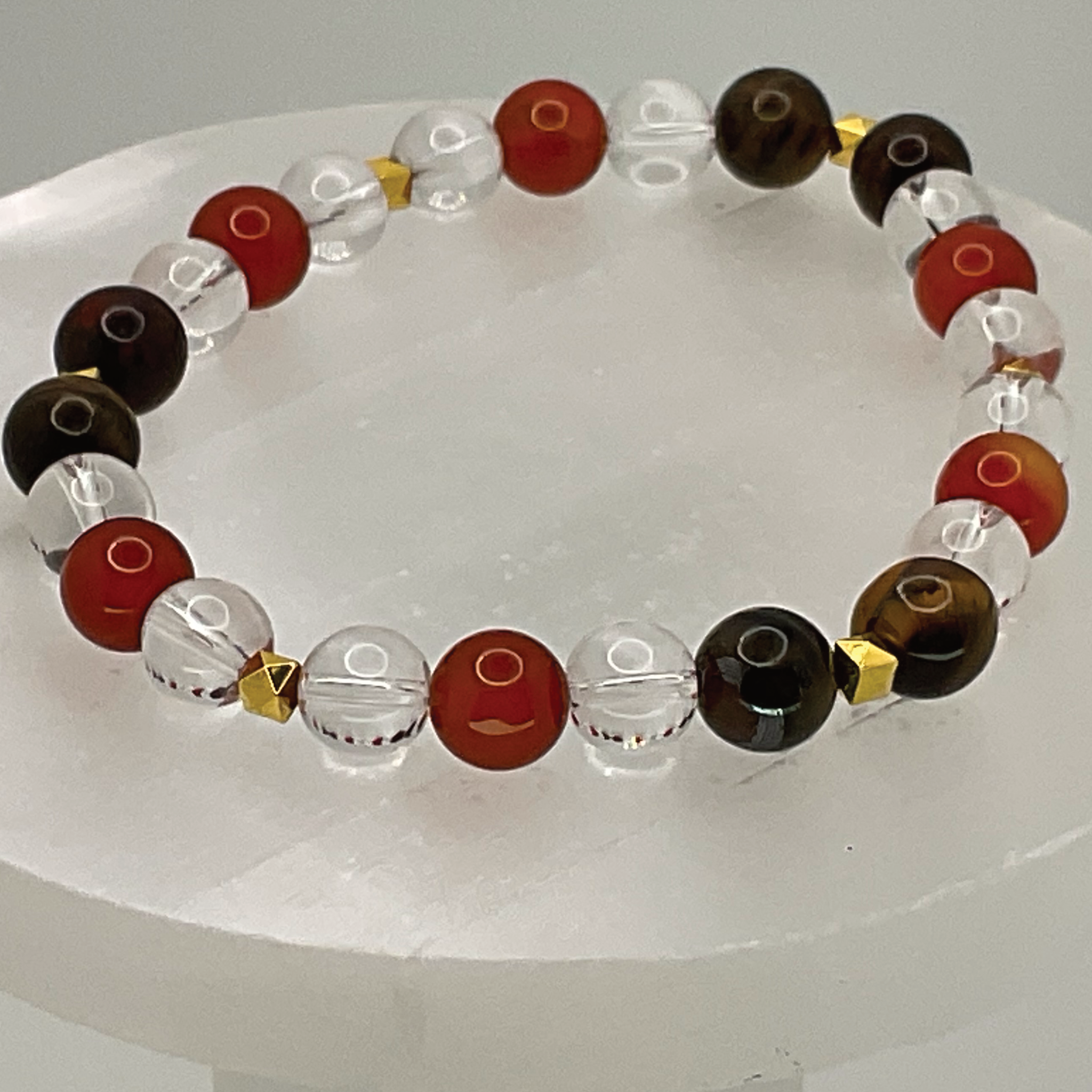 Carnelian Agate Tiger's Eye Clear Quartz Bracelet with Gold Spacers