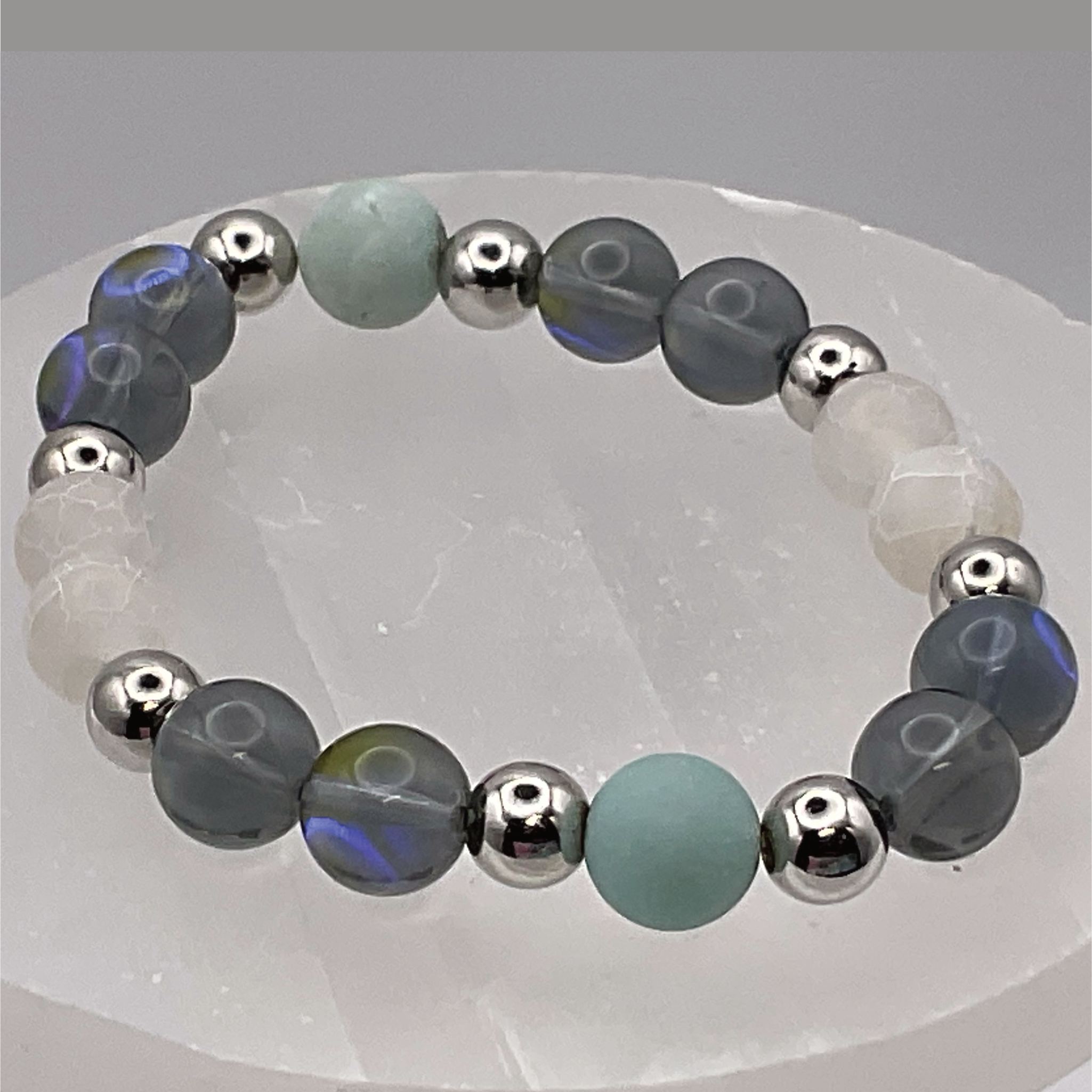 Blue Obsidian Dragon Vein Bracelet with Silver Tone Spacers