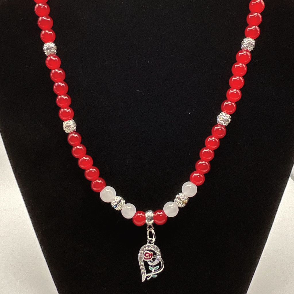 20" Red Milky White Red Rose Glass Necklace with Silver Spacers