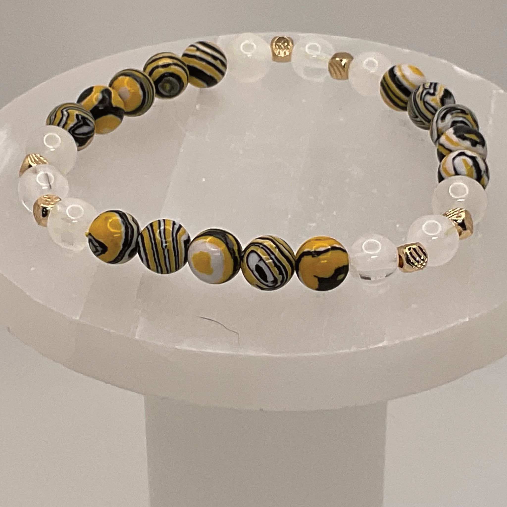Zebra Marble Jasper Clear Quartz Bracelet with Gold Spacers