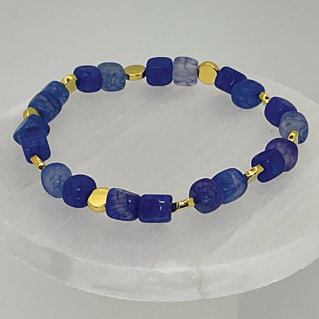 Blue Square Dragon Agate Bracelet with Gold Disc Spacers