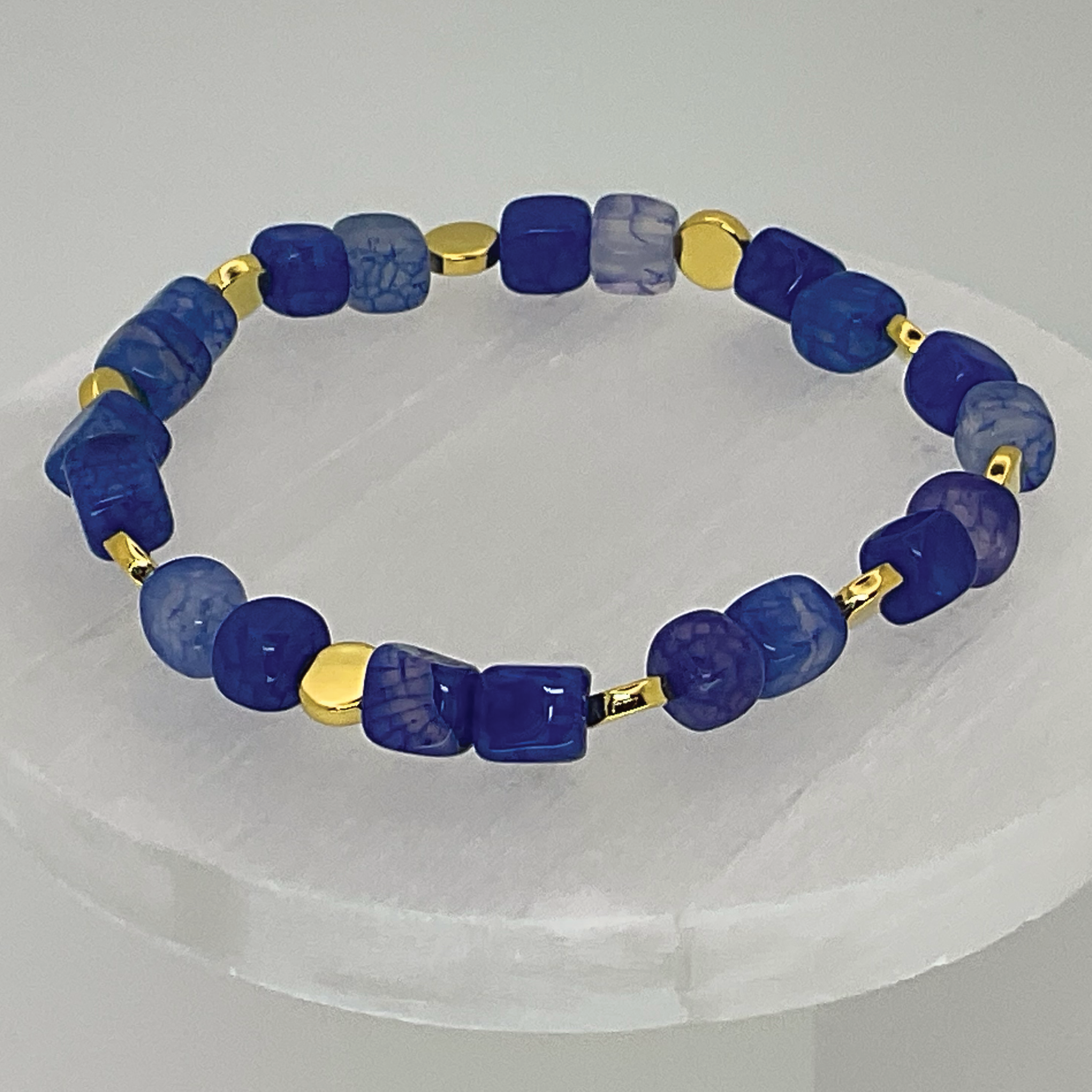Pulsera de ágata Dragón Cuadrado Azul con separadores de disco dorados
