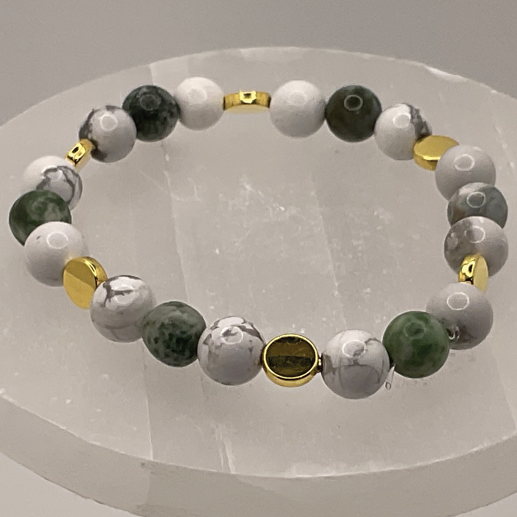 Magnesite Green Jasper Bracelet with Gold Tone Disc Spacers