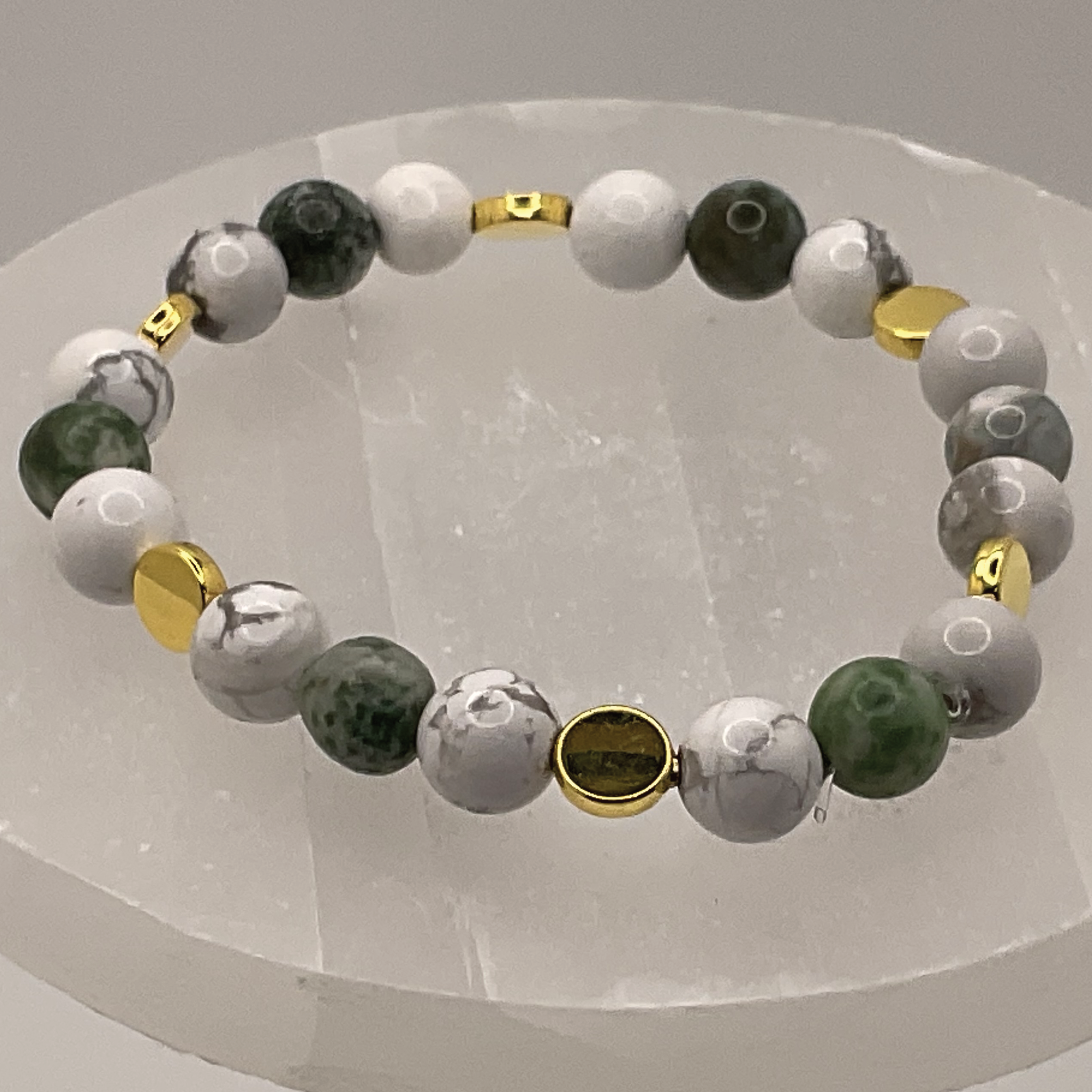 Magnesite Green Jasper Bracelet with Gold Tone Disc Spacers