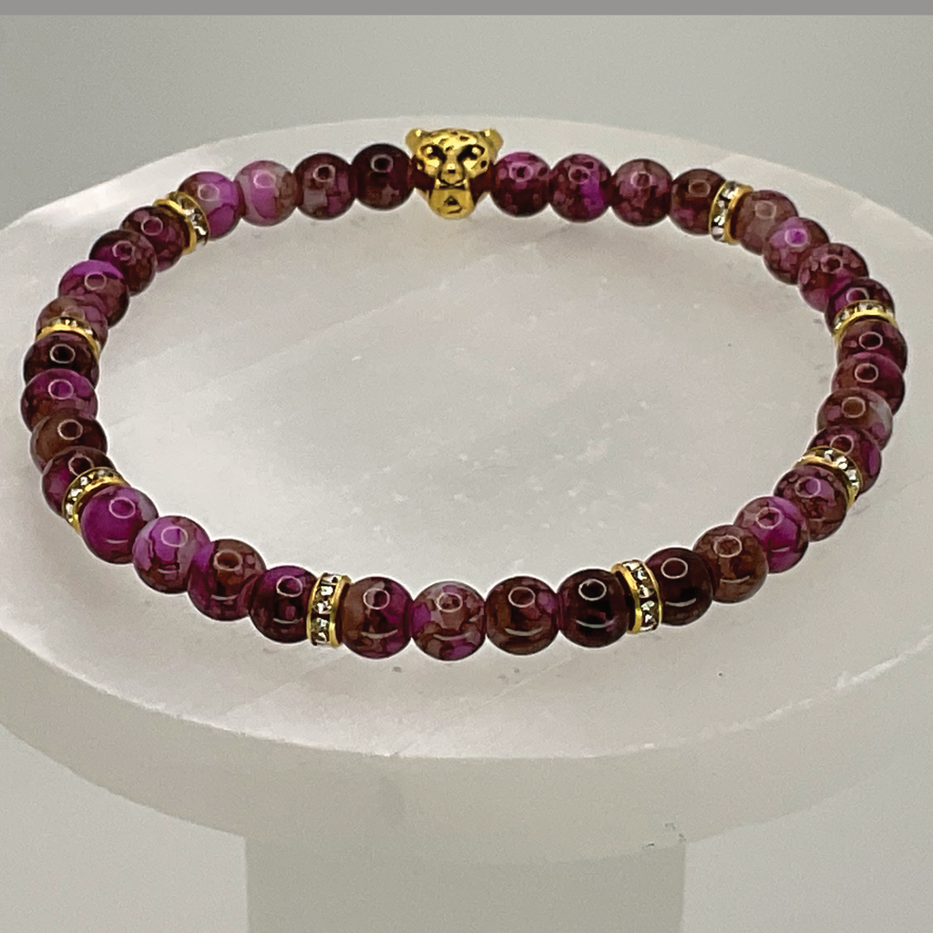 Magenta Dragon Vein Agate Jaguar Charm Bracelet with Gold Crystal Spacers