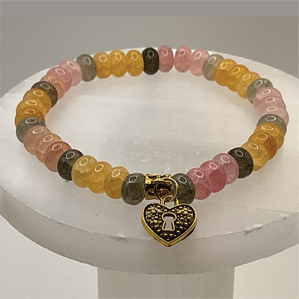 Citrine Labradorite Rose Quartz Lock Heart Charm Bracelet