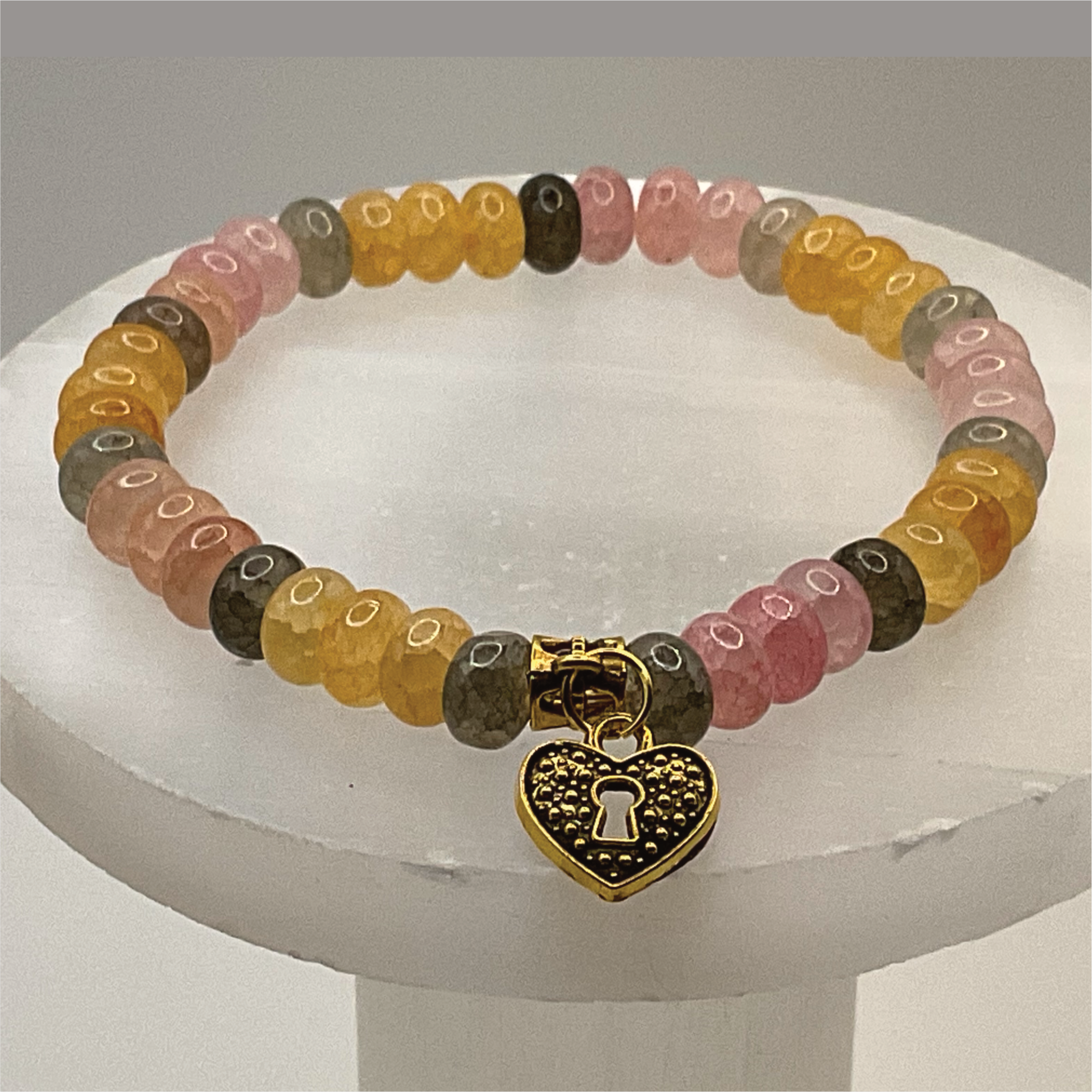 Citrine Labradorite Rose Quartz Lock Heart Charm Bracelet