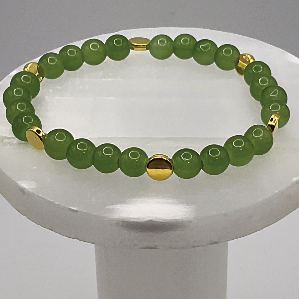 Green Glass Bracelet with Gold Disc Spacers